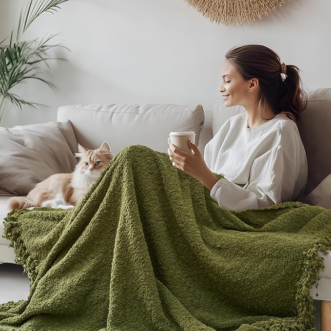 Throw Blanket for Couch, Olive Green Luxury Knitted Throws 50"x60", Textured Blankets with Handmade Fringe Tassels for Bed Sofa Decorative, Chunky Soft Farmhouse Boho Home Decor