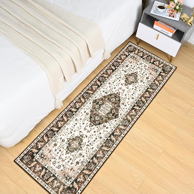 Amearea Vintage Design Runner Rugs for Living Room, 2x6 Machine Washable Floral Collection Traditional Bedroom Rug, Low Pile Cute Kids Room Print Carpet, No Slip Office Kitchen Home Decor, Brown