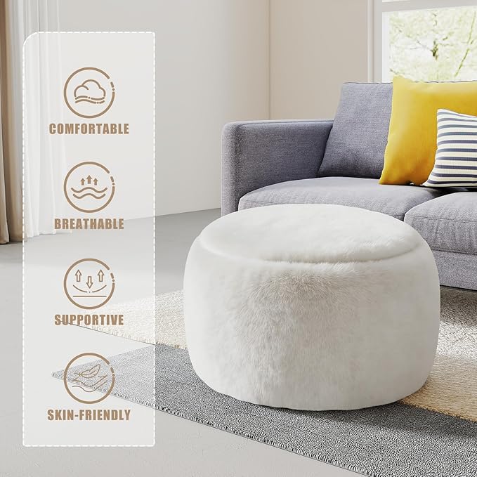 Round Pouf Ottoman Foot Rest, 29 X 18Inch Floor Poufs Footstool, A Round Modern Foam Filled Foot Stool for Living Room, Home, Nursery, Dorm (White, 29Inch)