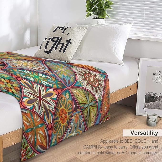 Boho Floral Throw Blanket Colorful Mandala Bohemian Indian Hippie Vintage Blanket for Sofa Bed Couch Chair or Dorm 60"x80"