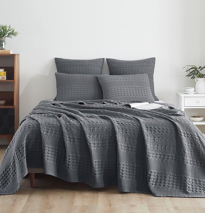 VHC Brands 100% Cotton Waffle Weave Queen Blanket 90"x90", Decorative Lightweight Spring and Summer Throw Blanket, Bedroom Decor for Bed, Couch, or Sofa, Dark Grey