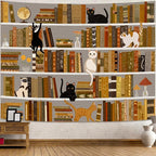 Accnicc Cat Bookshelf Tapestry Extra Large Black White Cute Cats Book Shelf Tapestries Wall Hanging Art Vintage Retro Academics Library Tapestry for Bedroom Living Room Dorm 90 x 68 inch