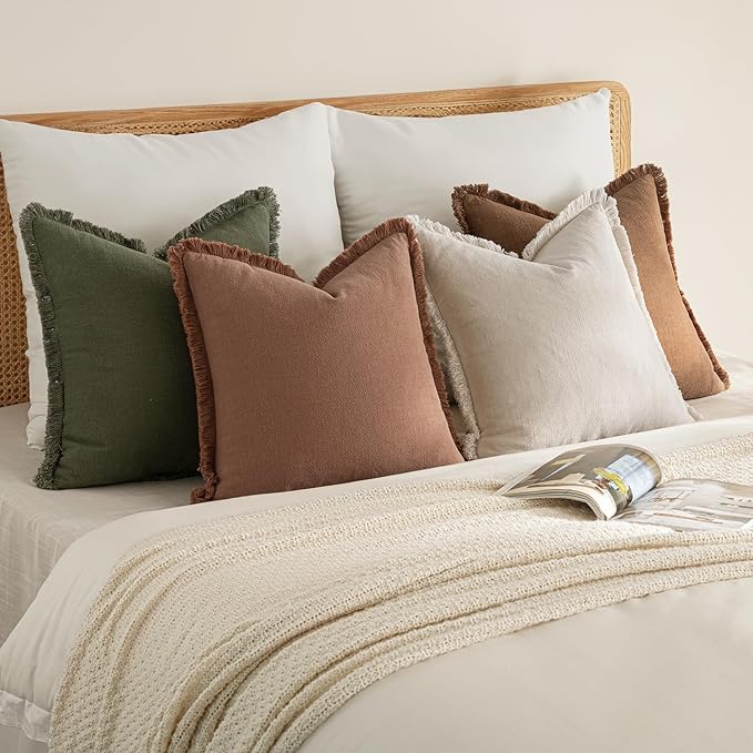 MIULEE Decorative Couch Pillow Covers Neutral Linen Fringe Throw Pillows Set of 4 Soft Rustic Cushions Boho Farmhouse Pillowcases for Bed Sofa Living Room Spring Decor 20x20 Inch Beige/Brown/Green