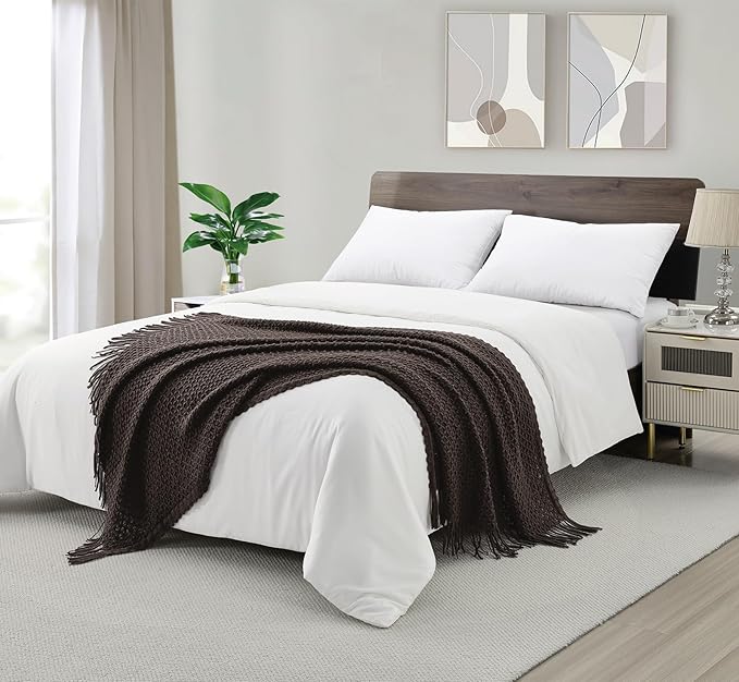 CREVENT Farmhouse Boho Knitted Throw Blanket for Couch Sofa Chair Bed Home Decoration, Soft Warm Cozy Light Weight for Spring Summer Fall (50''X60'' Chocolate)