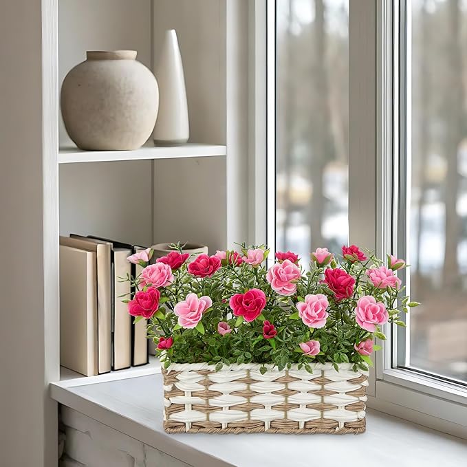 Artificial Rose Flowers with Woven Basket, Faux Blooming Roses in Fake Rattan Planter for Table Centerpiece, Romantic Floral Arrangement for Home Dining Room Wedding Sweet Decor, Hot & Soft Pink