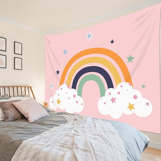 LB Boho Rainbow Tapestry White Cloud with Stars in Pink Sky Wall Hanging Tapestry Cartoon Mid Century Tapestries for Living Room Bedroom Dorm Wall Decor,92x70.5 inch