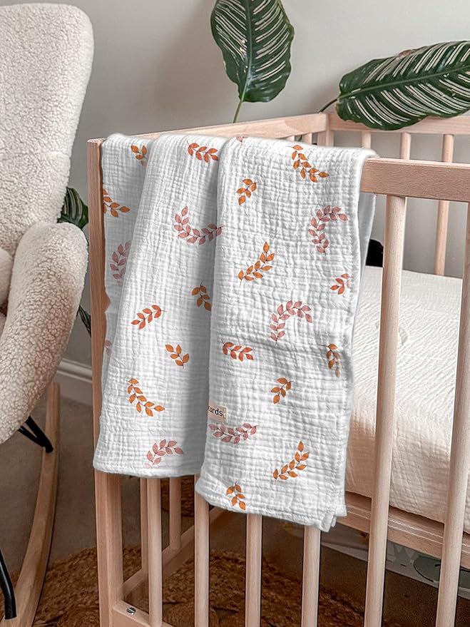 meowcards Muslin Swaddle Blankets for Baby, Unisex Baby Boys Girls Essentials, Large 47 x 47 inches, Boho Receiving Blankets Newborn Registry Must Haves (Leaf)