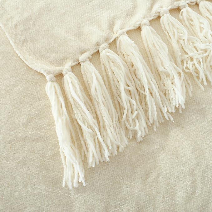 Chenille Throw Blanket for Couch with Tassels,60"X80" Soft Cozy Lightweight Knitted Boho Decorative Blankets for Bed and Sofa,Cream
