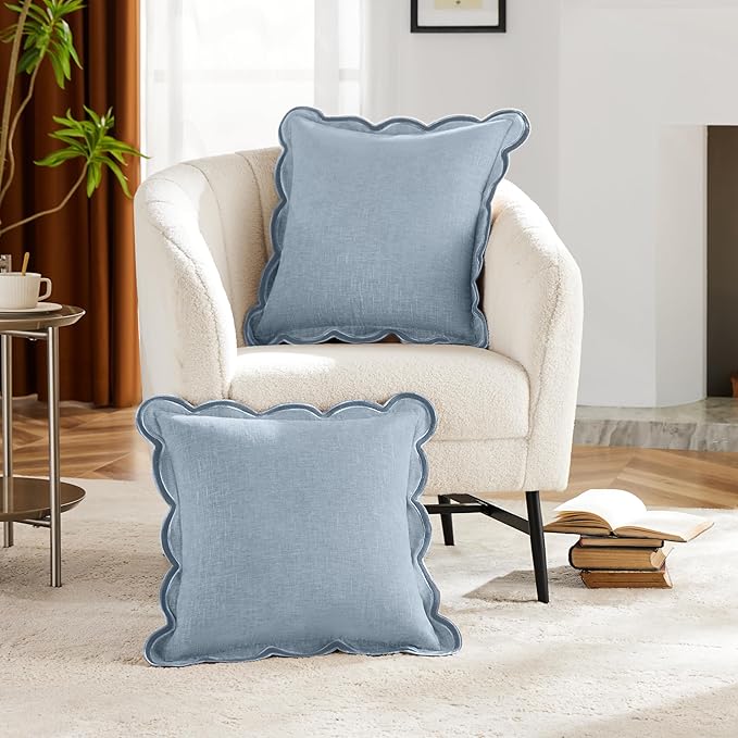 Scalloped Pillow Cover Pack of 2 Spring Chenille Decorative Throw Pillow Covers Cute Boho Couch Pillow Covers Aesthetic Funky Preppy Pillow Cases for Sofa Living Room (Misty Blue, 18x18 Inch)