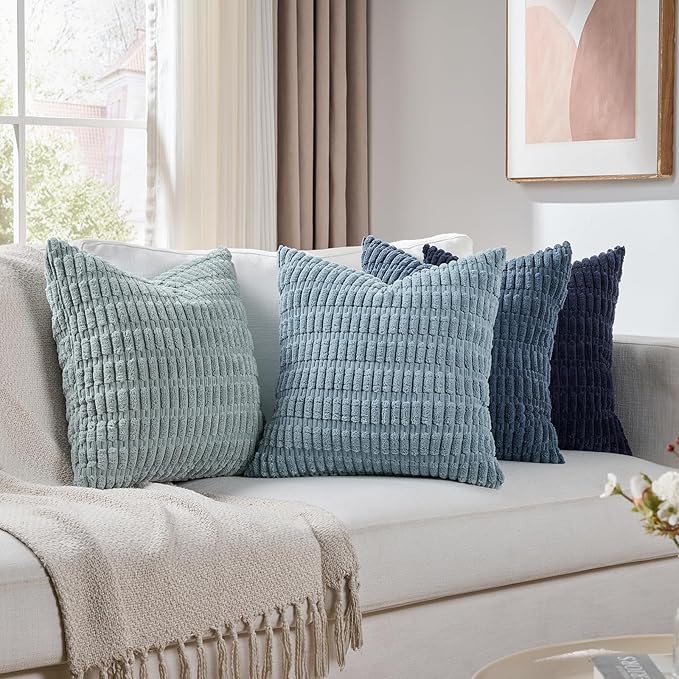 Fancy Homi Set of 4 Blue Boho Decorative Throw Pillow Covers 22x22 Inch for Couch Bed Sofa, Aesthetic Modern Bohemian Room Decor, Soft Fuzzy Cozy Corduroy Textured Coastal Blue Cushion Case 55x55cm