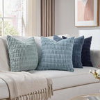 Fancy Homi Set of 4 Blue Decorative Throw Pillow Covers 18x18 Inch for Couch Bed Chair, Modern Farmhouse Boho Room Decor, Soft Fuzzy Corduroy Textured Striped Coastal Blue Cushion Case 45cm