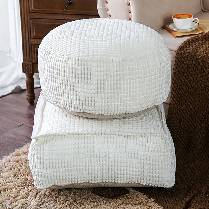 SUTAVIA Pouf Ottoman Cover Unstuffed Pouf Seat Decorative Soft Storage Bean Bag 20x20x8 Inches Floor Footrest for Living Room Bedroom (White, Round)
