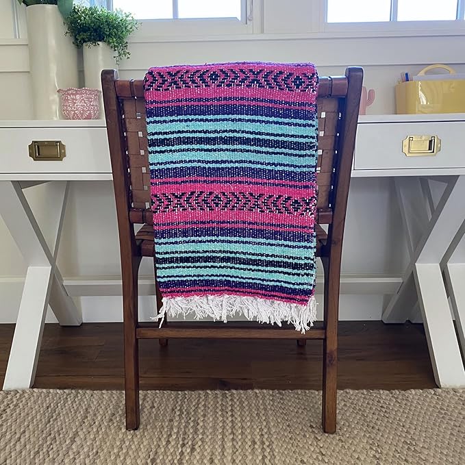 Del Mex Classic Mexican Blanket, Large Authentic Woven Falsa Throw (70"x50"), Artisan Southwest Décor for Beach, Yoga, Outdoors (Pink/Purple/Mint)