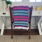 Del Mex Classic Mexican Blanket, Large Authentic Woven Falsa Throw (70"x50"), Artisan Southwest Décor for Beach, Yoga, Outdoors (Pink/Purple/Mint)