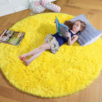Amdrebio Yellow Round Circle Area Rug 5Ft for Bedroom Living Room, Fluffy Fuzzy Plush Rugs for Kids Room Decor Aesthetic, Cute Furry Shag Kawaii Circular Carpet for Classroom Nursery Teen Girls Boys