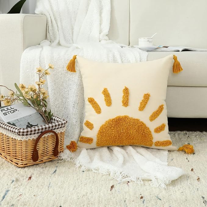 Boho Throw Pillow Covers 20x20, Woven Tufted Sun Decorative Pillow Covers with Tassels Moroccan Modern Pillowcase for Sofa Bedroom Living Room Home Decor, Yellow