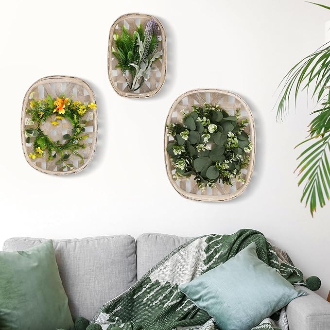 Maxcheck 3 Pcs Rustic Baskets Decoration Vintage Woven Wooden Basket Farmhouse Wooden Nesting Trays Decorative Basket for Home Kitchen(18.9 x 12.6'', 15 x 11'', 12.6 x 8.7'')
