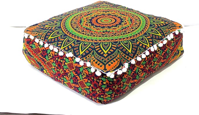 CRAFT KALA Large Hippie Mandala Meditation Floor Ottoman Pillow Cushion Pouf Cover Square Poufs Bohemian Circle Floor Cushion Case Outdoor Fireplace Yoga Living Room Decor Cover New Blue, 24" Square