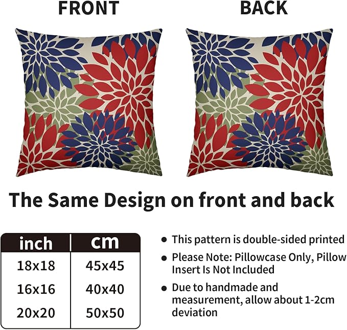 Blue Green Red Pillow Covers 24X24 Inch Set of 2, Modern Dahlia Floral Print Decorative Throw Pillow Covers Outdoor Farmhouse Cushion Case for Home Couch Sofa Bed Decoration