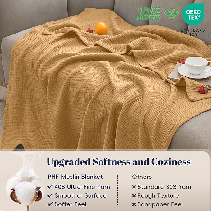 PHF 100% Cotton Muslin Throw XL Blanket Large 50" x 70", 4-Layer Lightweight Gauze Throw, Breathable Cloud-Soft Minimalist Blanket for Bed, Couch, Camping & Baby, Amber, Ideal Gift