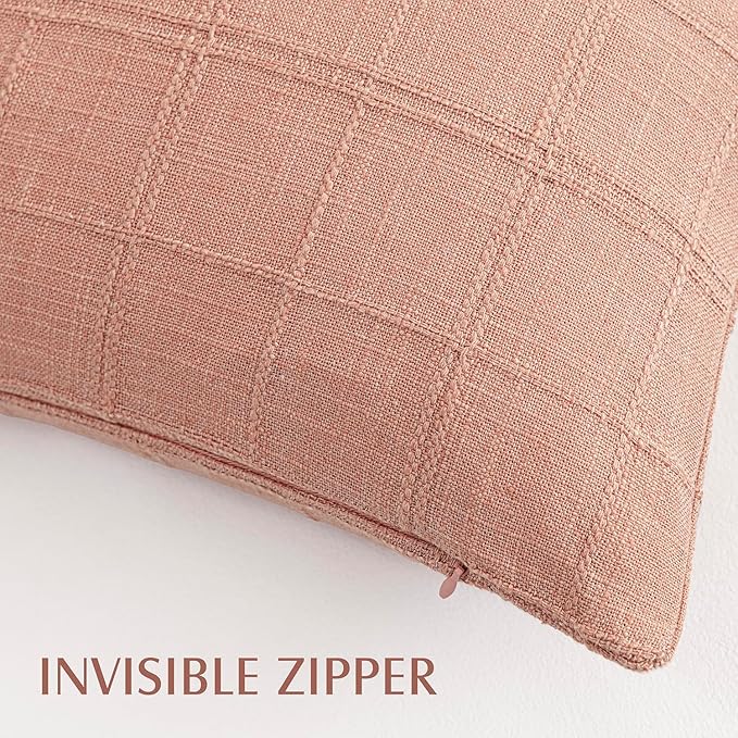 Foindtower Set of 2 Decorative Linen Check Throw Pillow Covers Neutral Farmhouse Vintage Cushion Covers Cozy Modern Boho Accent Home Decor for Sofa Chair Couch Bed Living Room,14×36 Inch,Coral Pink