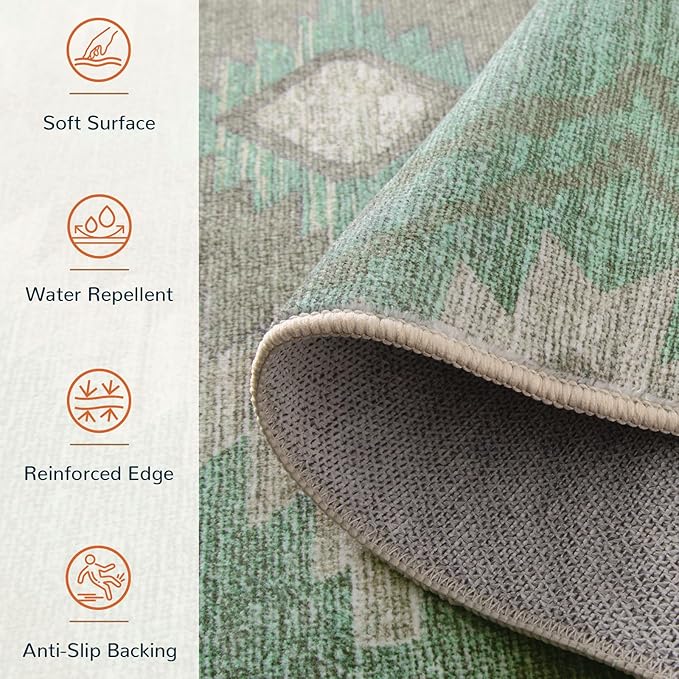 Area Rug 9x12 Rug Machine Washable Non-Slip Low Pile Print Pattern Western for Living Room Bedroom Sage