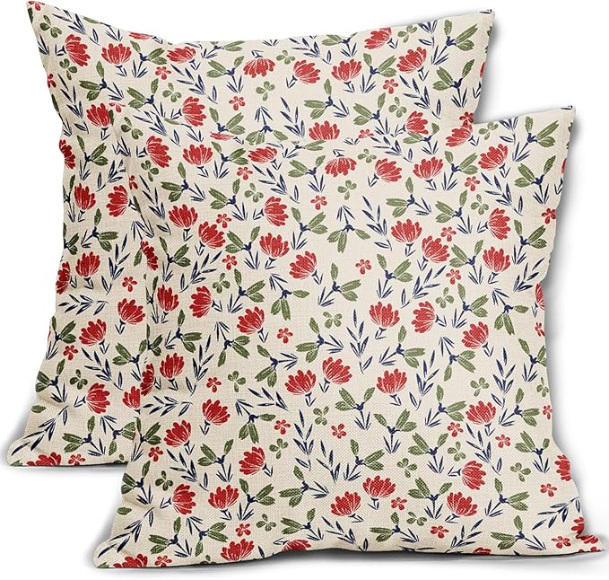 4th of July Floral Pillow Covers 18x18 Set of 2 Vintage Rustic Old Style Navy Blue Red Green Flower Print Decorative Outdoor Pillowcases Patriotic Throw Cushion Case Decor for Couch Sofa Bed