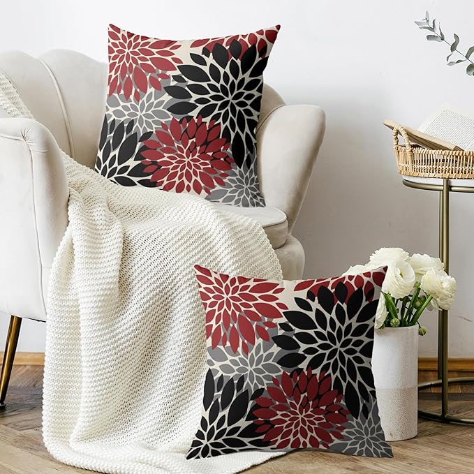 Black Red Pillow Covers 24X24 Inch Set of 2, Spring Summer Floral Dahlia Flower Cream Decorative Throw Pillow Covers Outdoor Modern Farmhouse Cushion Case for Home Couch Sofa Bed Decor