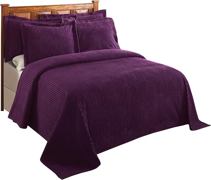 Better Trends Chenille Bedspreads Queen Size, Plum 100% Cotton Chenille Stripe Design Tufted Bedding Coverlet Soft Lightweight, 102"x110" with 2 Sham 3 Pieces Set Jullian Collection