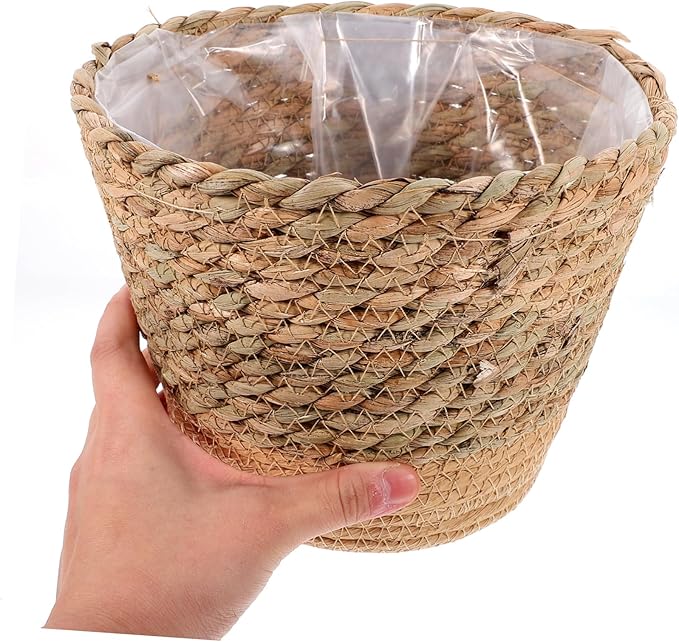 Straw Woven Plant Basket with Flat Base Handmade Flower Pot Holder for Indoor Home Decor Living Bedroom Office Use Natural Boho Style Woven Design