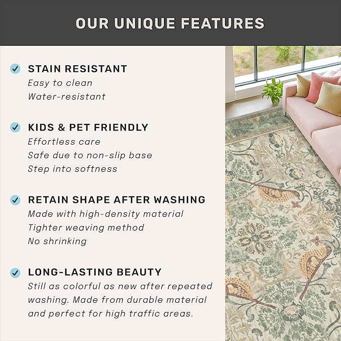 Washable Area Rugs 5x8 for Bedroom - Sage Green Boho Rugs for Living Room, Dining Room, Home Office, Playroom, Light Green Botanical Bird Pattern, Non Slip Stain Resistant Low Pile
