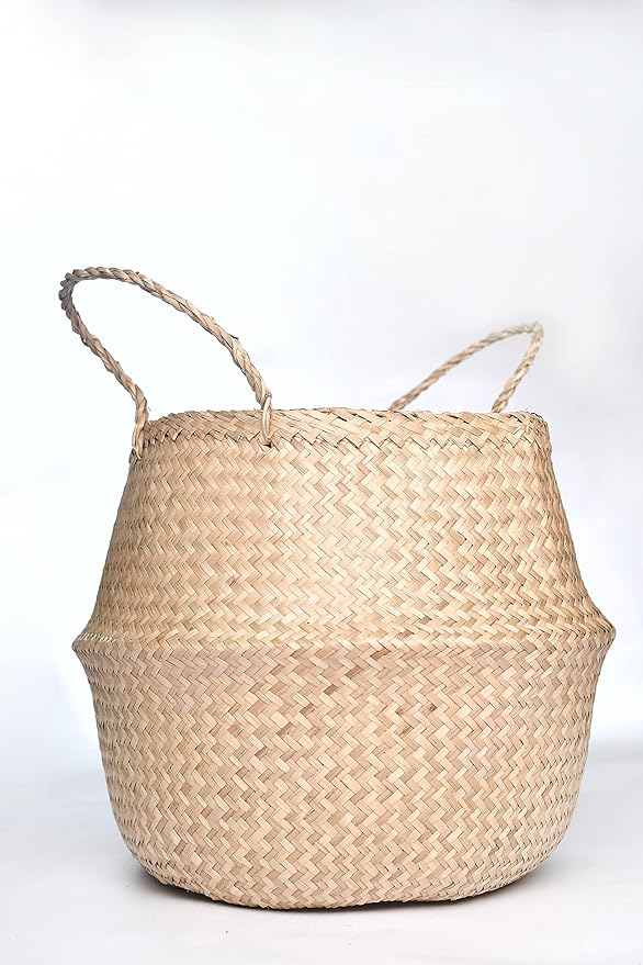 Seagrass Belly Basket (Size: 14x14x13 inches, Color: Yellow Natural - Set of 2) Laundry, Picnic - Plant Pots Cover Indoor Home Decor - Hand Woven Straw Beach Bag with Handles…