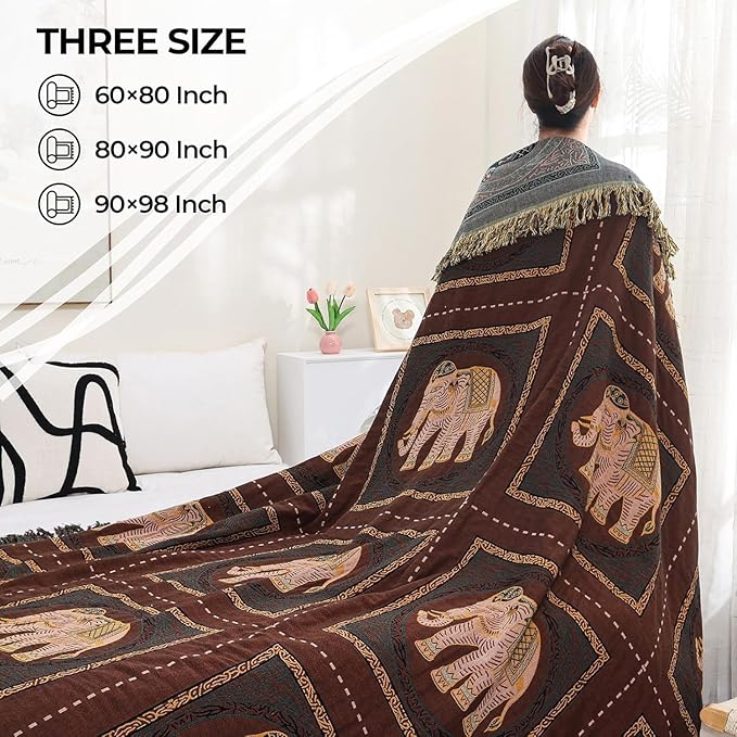 Boho Throw Blanket for Bed with Tassels,100% Cotton Ultra Soft and Cozy Large Blanket Elephant Printed Farmhouse Decor Bed Blankets,90"×98" All Season Rustic Throw for Sofa Couch Chair-Brown