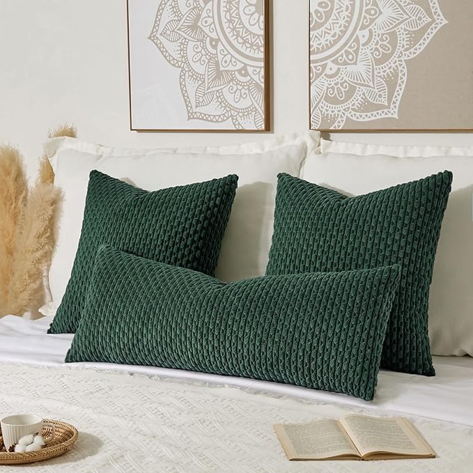 Kevin Textile 14x36 Inch Long Lumbar 1 Pack Boho Decorative Throw Pillow Cover Soft Striped Corduroy Rectangle Cushion Case Farmhouse Color Accent for Living Room Couch Sofa Bed, Army Green