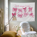 AQYIP Coquette Pink Bow Christian Tapestry Wall Hanging, God Says I Am Inspirational Bible Verse Tapestry Decorative, Pink Girly Christian Wall Decor for Room, 50x60 Inch