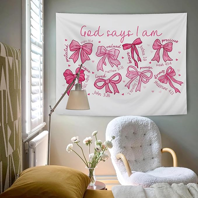 AQYIP Coquette Pink Bow Christian Tapestry Wall Hanging, God Says I Am Inspirational Bible Verse Tapestry Decorative, Pink Girly Christian Wall Decor for Room, 50x60 Inch