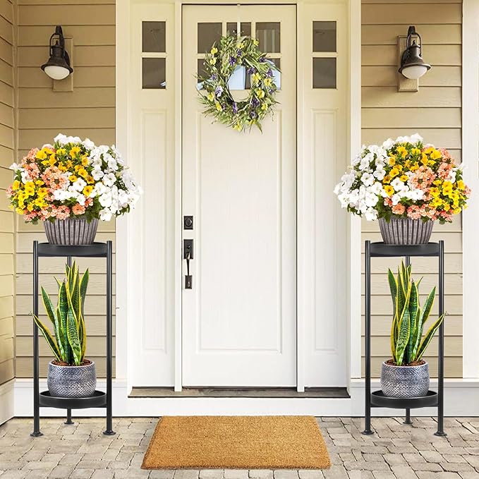 2-Pack Plant Stand Indoor Outdoor, 2 Tier Iron Plant Stand, 30'' Tall Pedestal Stand Outdoor, Metal Flower Stands for Indoor Plants, Balcony, Living Room (Black)
