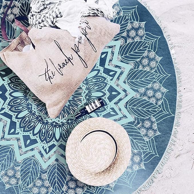 RosieLily Round Mandala Beach Towel, Microfiber Hippie Boho Extra Large Sand Proof Quick Dry Beach Blanket, Circle Pool Picnic Table Mediation Yoga Mat, 59 inch Towel with Tassels Gifts for Women