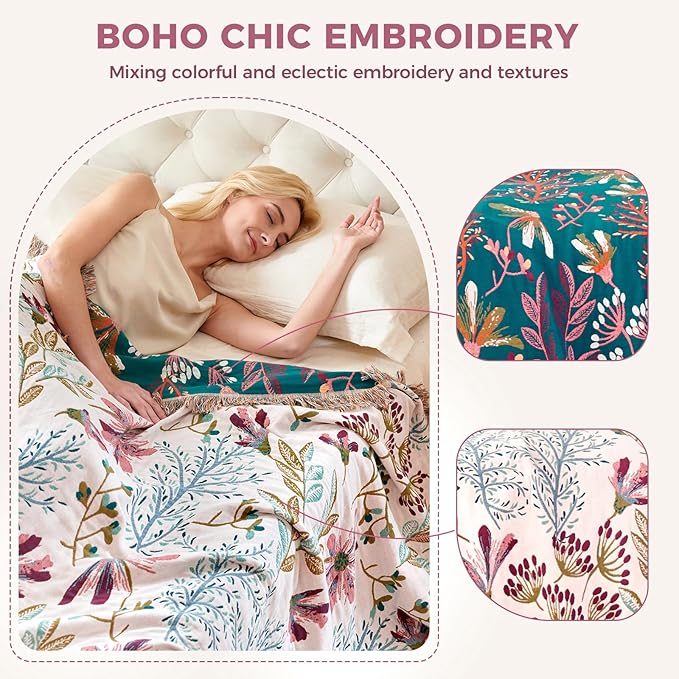 Boho Throw Blanket for Bed Cotton Spring Blankets Bedroom Living Room Twin All Season Lightweight Floral Embroidery Quilt for Couch Sofa Chair 60"x80"