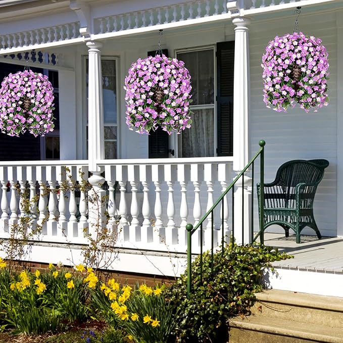 HyeFlora Artificial Fake Hanging Flowers with Basket for Outdoor Decoration,UV Resistant Faux Silk Daisy Flowers Light Fuchsia Orchid Vines in Planter Realistic Hanging Baskets for Home Porch Garden