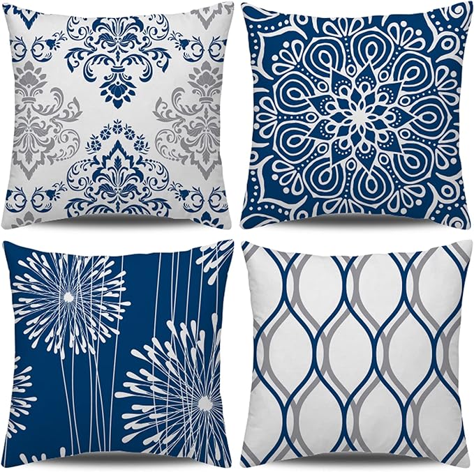 Coliuso Decorative Throw Pillow Covers 18x18 Set of 4, Blue Modern Simple Square Pillow Case Cushion Cover for Sofa Couch Farmhouse Outdoor Living Room (Blue, 18"x18")