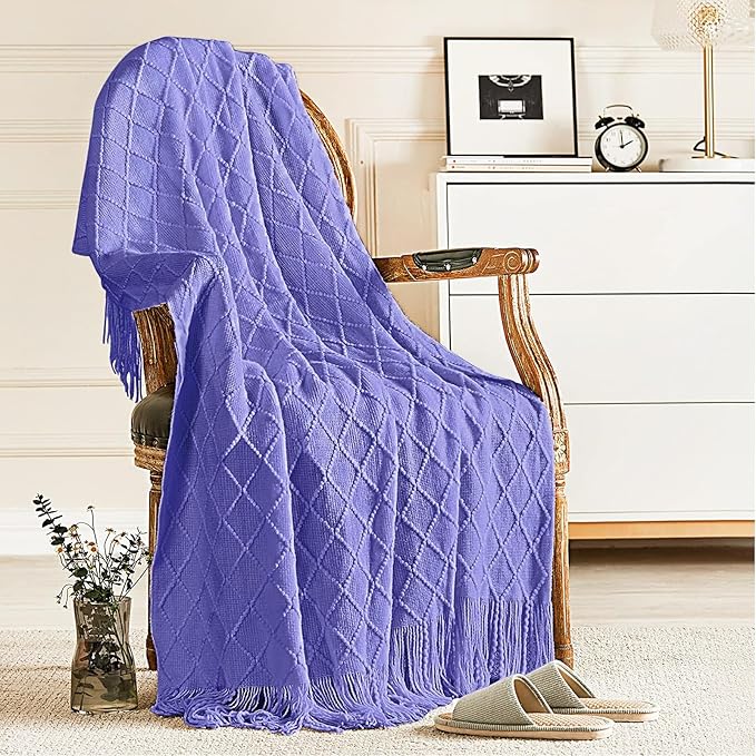 inhand Cornflower Blue Knitted Throw Blanket for Couch Bed, Mothers Day/Mom Birthday Gifts for Mom from Daughter Son, Soft Lightweight with Tassels, Farmhouse Decorative Blanket for Women, 50"x60"