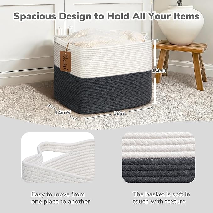 Goodpick Woven Storage Baskets for Organizing, 18" x 14" x 12" Baby Laundry Blanket Toy Basket for Living Room, Rectangle Cotton Rope Baskets with Handles, Dark Gray
