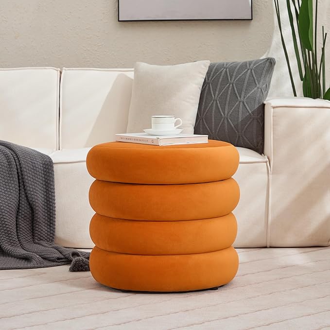 Compact Round Ottoman with Storage, Small Velvet Vanity Stool for Dorm, Modern Tufted Circle Ottoman with Removable Lid for Entryway and Lounge, Orange