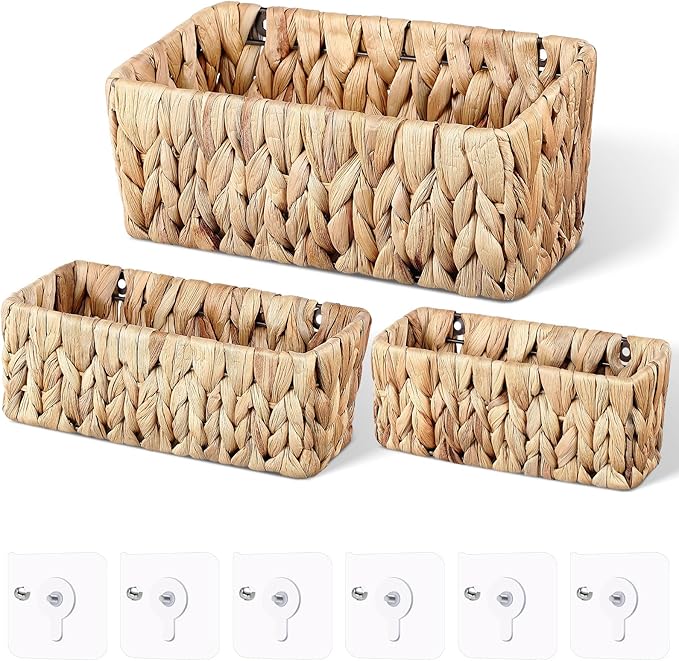 3 Pcs Woven Hanging Wall Baskets for Storage Seagrass Wall Mount Organizer with 6 Mounting Hooks Decorative Bathroom Basket for Boho Room Decor Letters Mail Kitchen