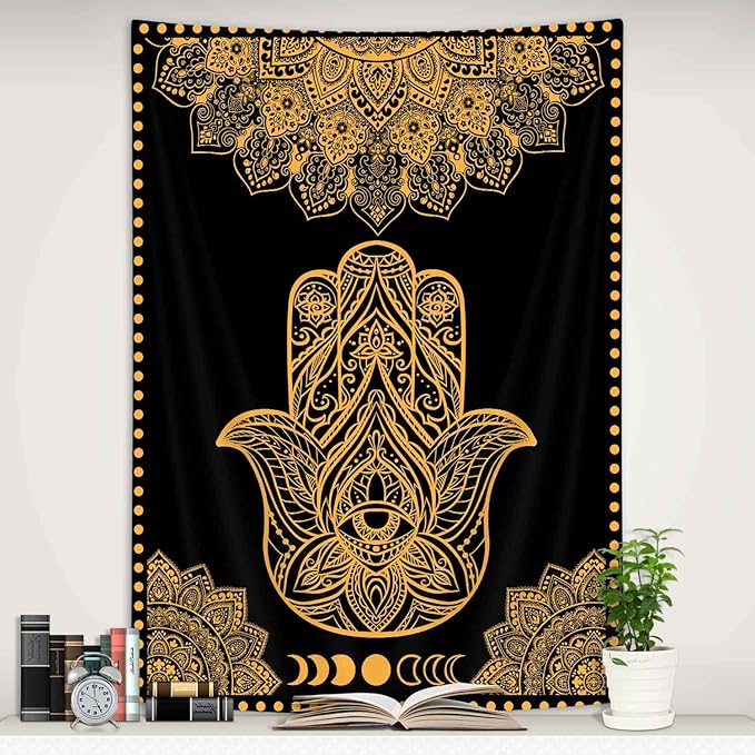 Boziqr Spiritual Psychedelic Hamsa Hand Black Gold Mandala Evil Eye Wall Tapestry For Bedroom Aesthetic 40x60 Inches