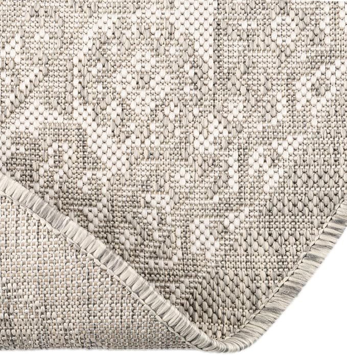 Rugs.com Outdoor Aztec Collection Rug – 13 Ft Round Light Gray Flatweave-Pile Rug Perfect for Kitchens, Dining Rooms