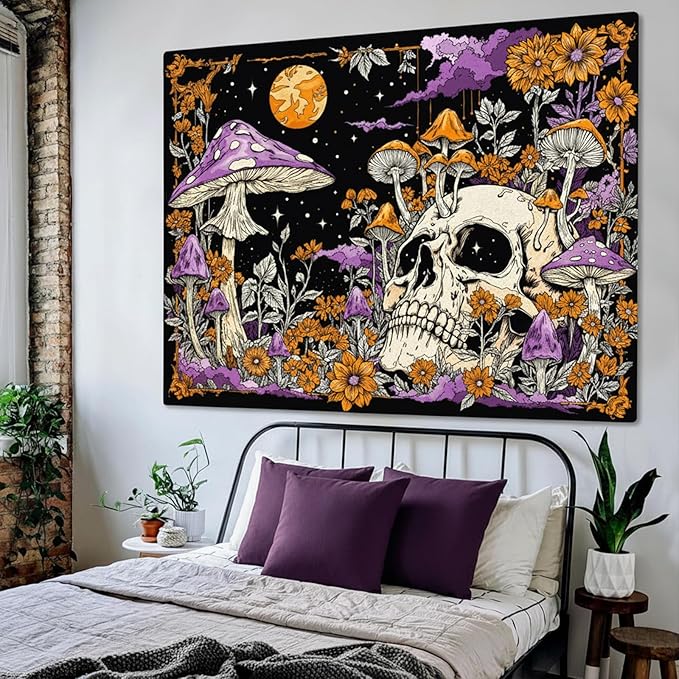Lifeella Skull Mushroom Tapestry, Gothic Hippie Skeleton Wall Hanging for Bedroom Living Room Dorm Decor, Purple Orange 36x48 inches