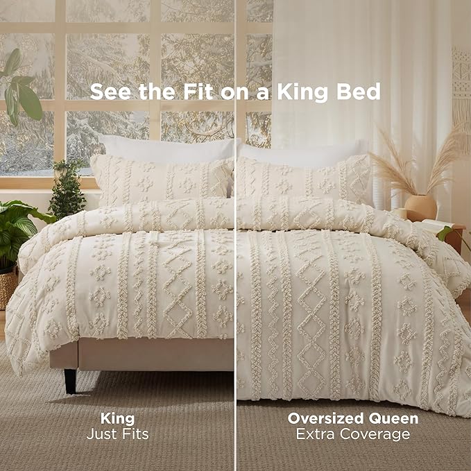 Bedsure Tufted Boho Comforter Set Oversized King - Beige Boho Bed Set, GentleSoft™ 3 Pieces Farmhouse Shabby Chic Embroidery Bedding, Gifts for Woman, Soft Jacquard Comforter for All Seasons