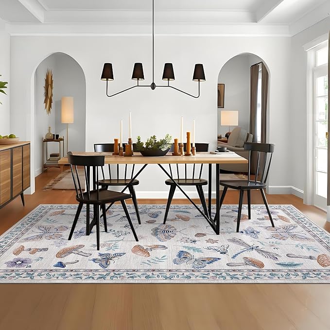 Mushroom Washable 8x10 Rug for Living Room Non Slip 8 x 10 Rug for Bedroom with Rubber Back Soft Low-Pile Stain Resistant Foldable Large Carpet for Office Nursery Dining Room Beige